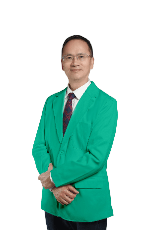 Full-length portrait of Dr. John Yang Lee, MD, in his signature green suit